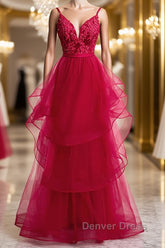 V Neck Burgundy Lace Prom Dresses, Wine Red Lace Formal Evening Graduation Dresses